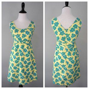 LILLY PULITZER Yellow Blue Floral A-Line Dogwood Midi Cotton Dress Sz 2
